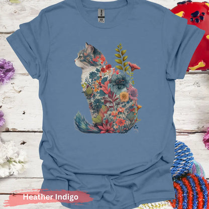 Floral Cat T-Shirt - S / Heather Indigo - Physical Item