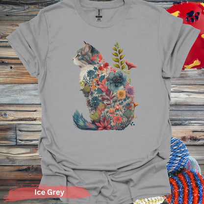 Floral Cat T-Shirt - S / Ice Grey - Physical Item