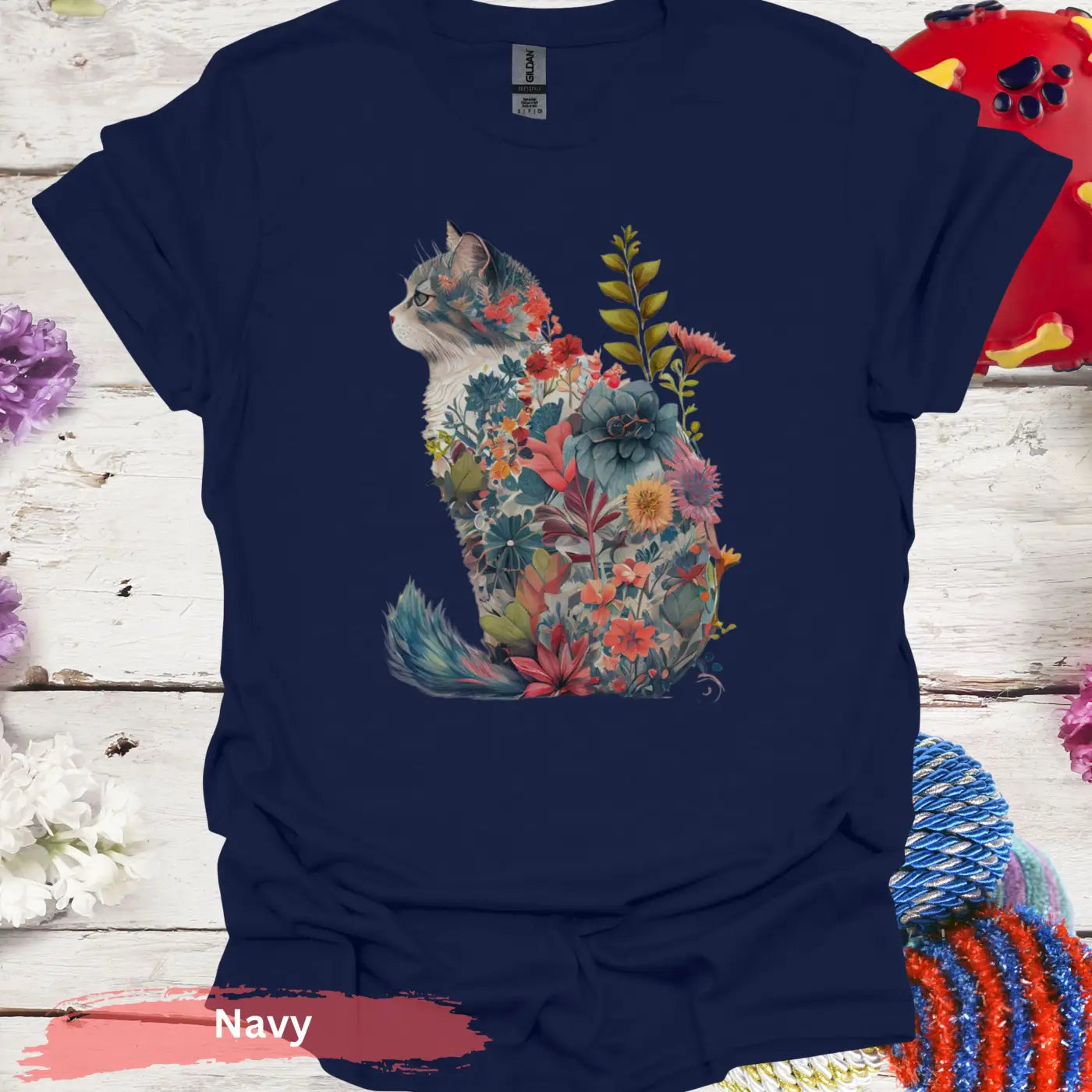 Floral Cat T-Shirt - S / Navy - Physical Item