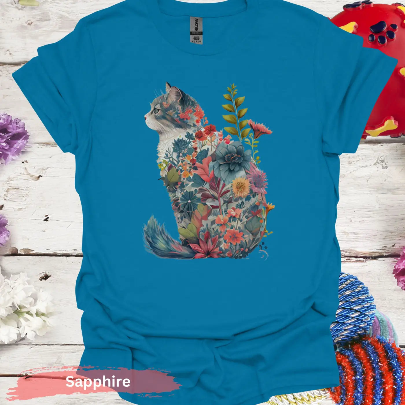 Floral Cat T-Shirt - S / Sapphire - Physical Item