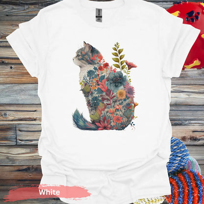 Floral Cat T-Shirt - S / White - Physical Item