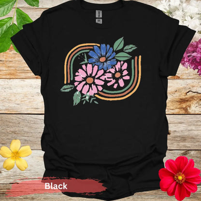 Pink and Blue Flowers Graphic T-Shirt - S / Black - Physical Item