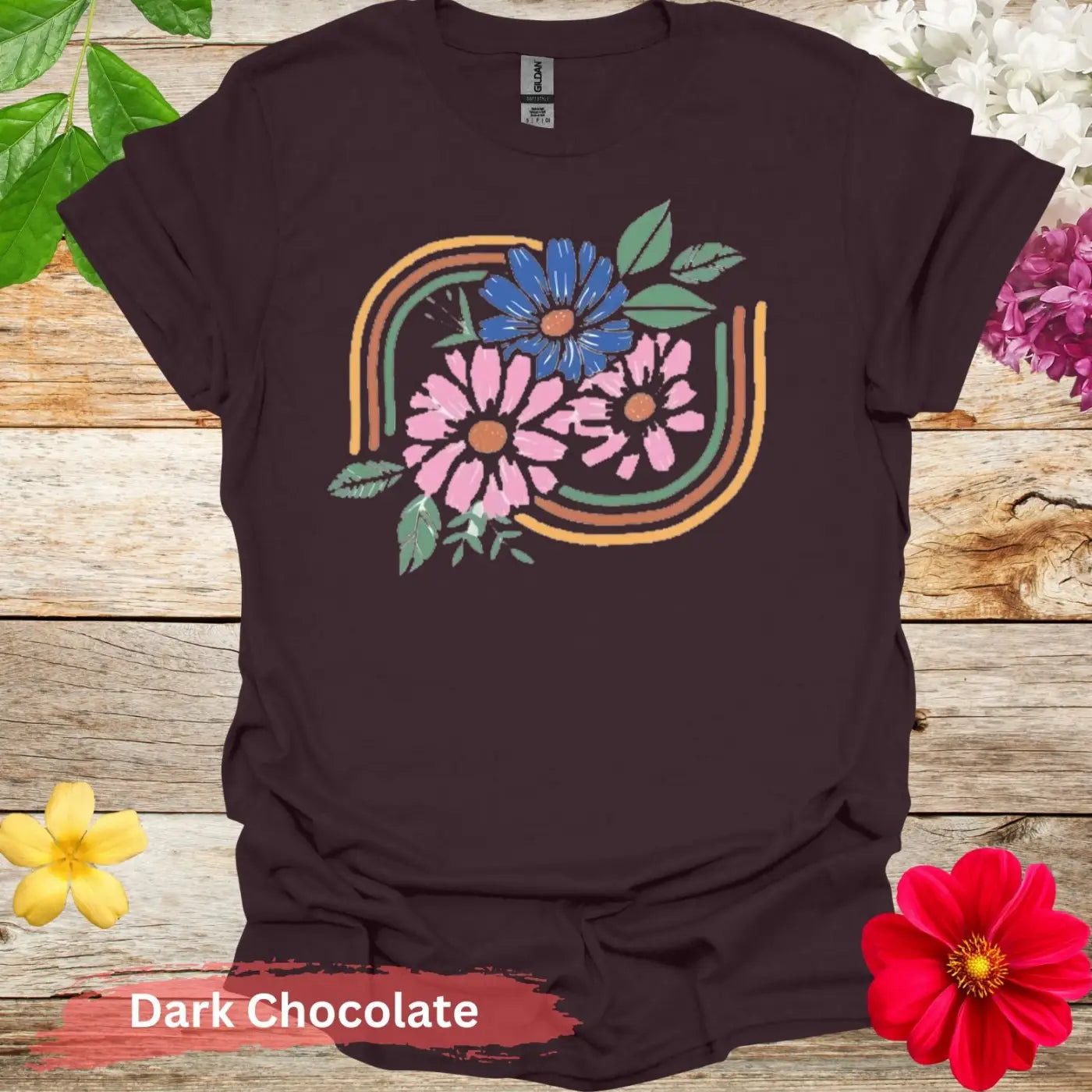 Pink and Blue Flowers Graphic T-Shirt - S / Dark Chocolate - Physical Item