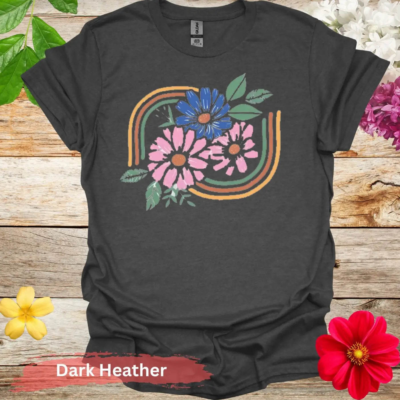 Pink and Blue Flowers Graphic T-Shirt - S / Dark Heather - Physical Item