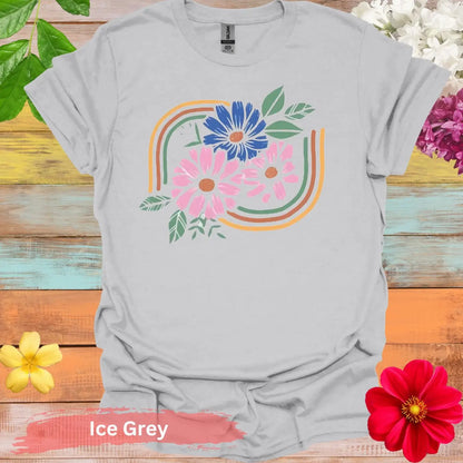 Pink and Blue Flowers Graphic T-Shirt - S / Ice Grey - Physical Item