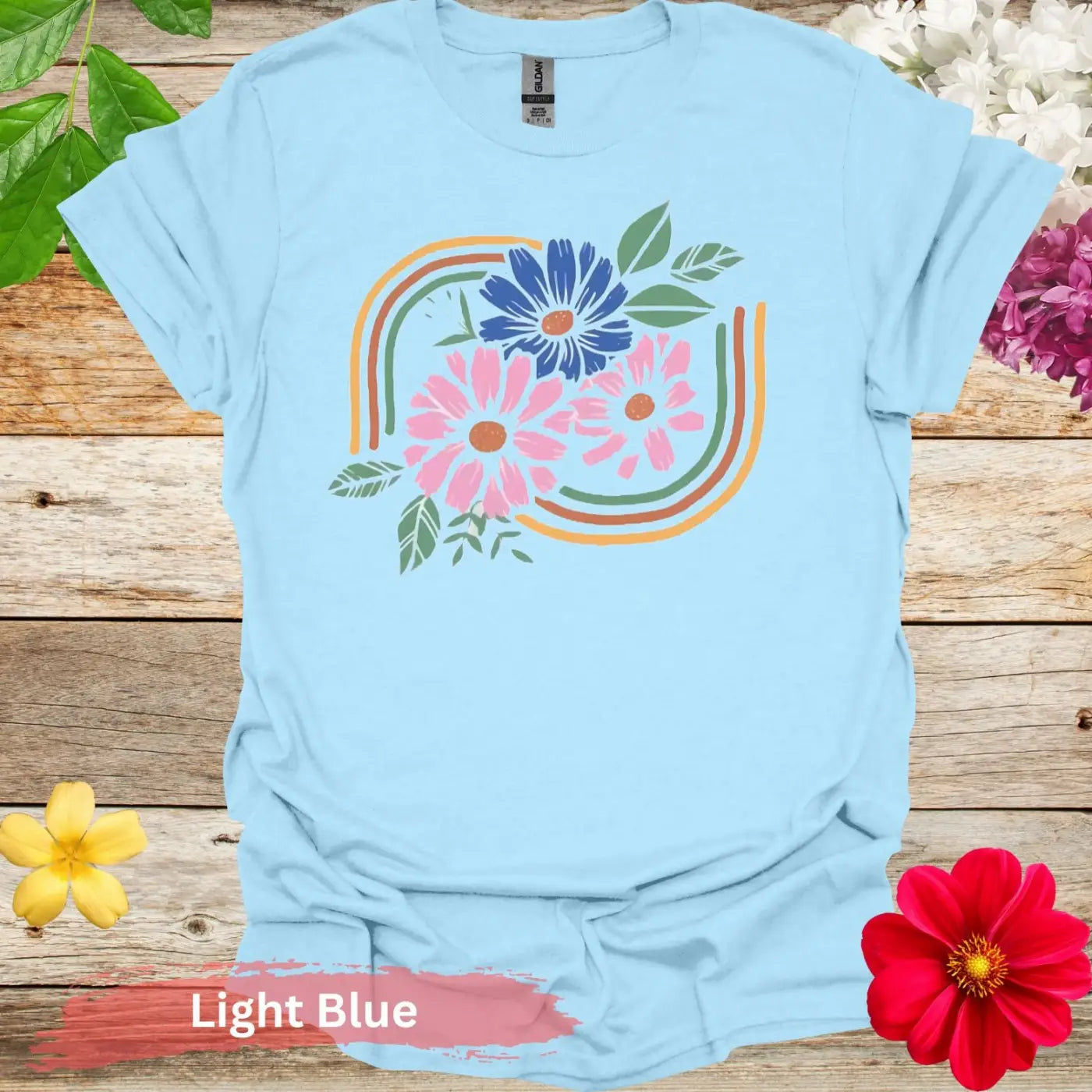 Pink and Blue Flowers Graphic T-Shirt - S / Light - Physical Item