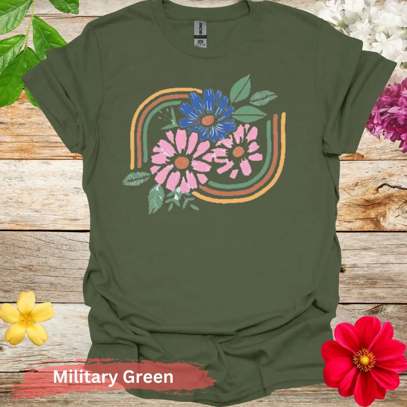 Pink and Blue Flowers Graphic T-Shirt - S / Military Green - Physical Item