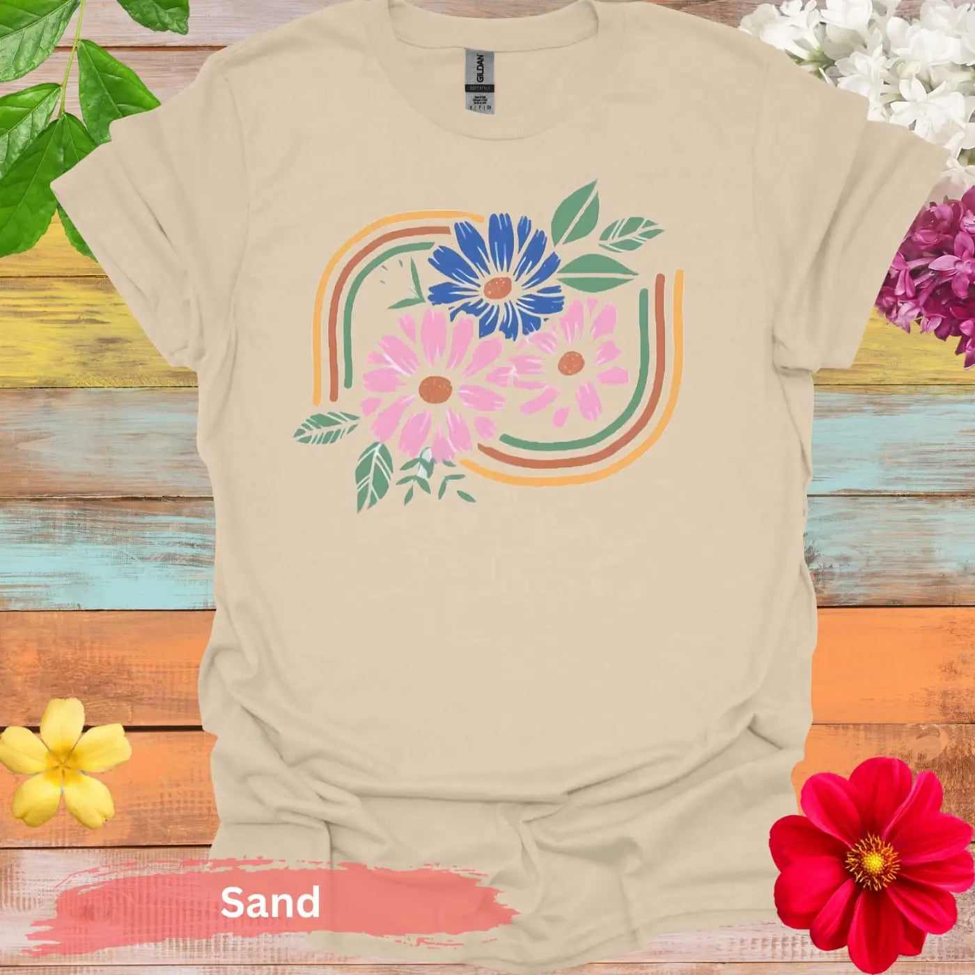 Pink and Blue Flowers Graphic T-Shirt - S / Sand - Physical Item