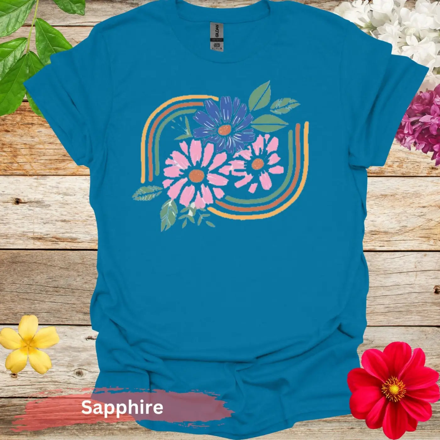 Pink and Blue Flowers Graphic T-Shirt - S / Sapphire - Physical Item