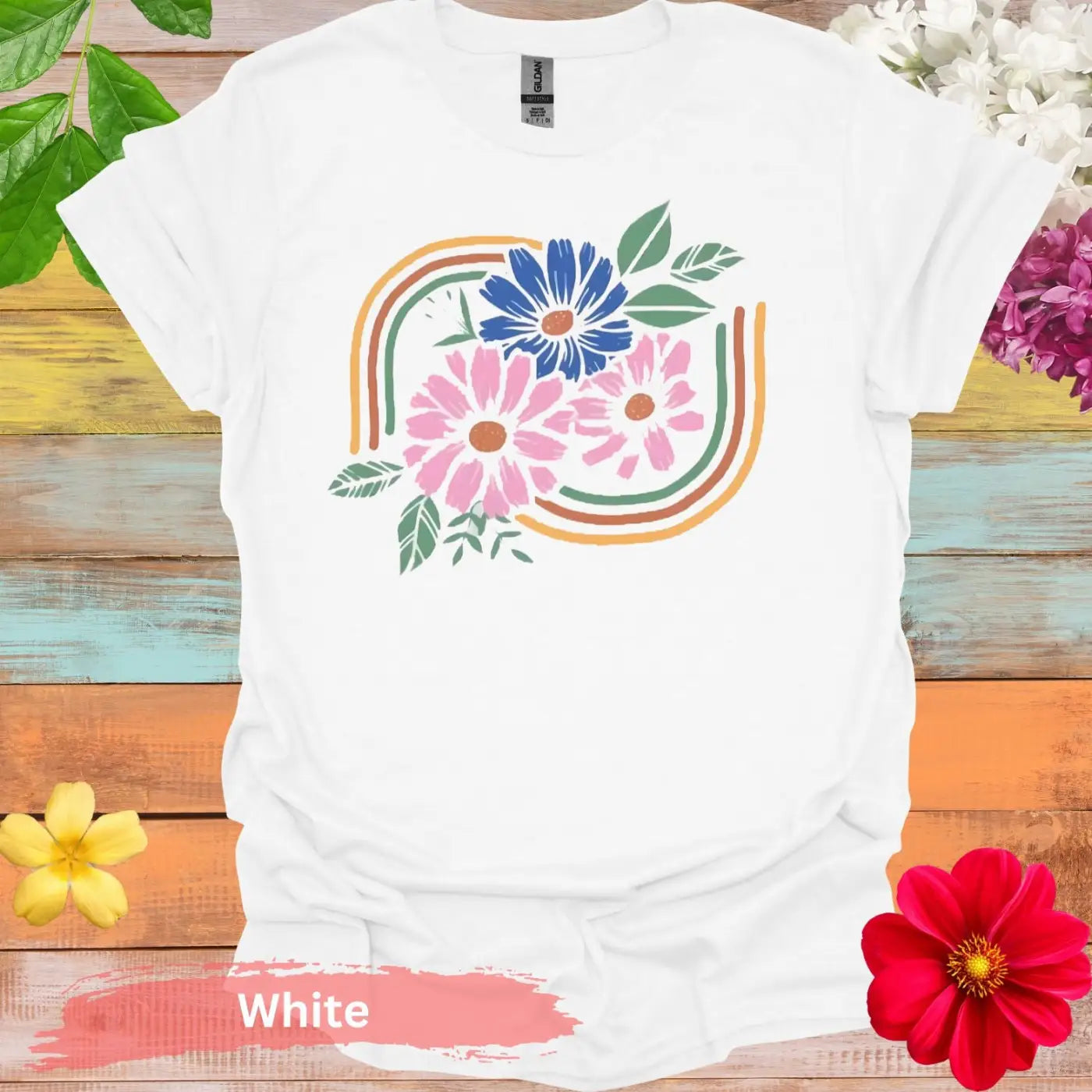 Pink and Blue Flowers Graphic T-Shirt - S / White - Physical Item