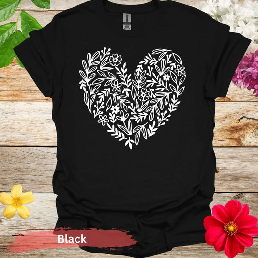 Floral Heart Blooming T-shirt - S / Black - Physical Item