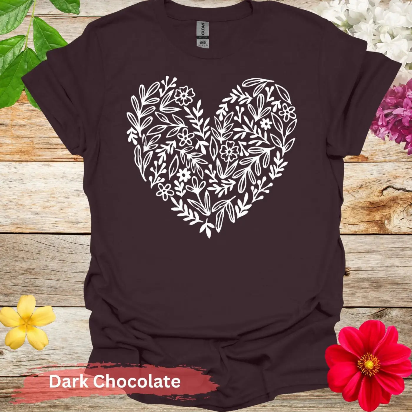 Floral Heart Blooming T-shirt - S / Dark Chocolate - Physical Item