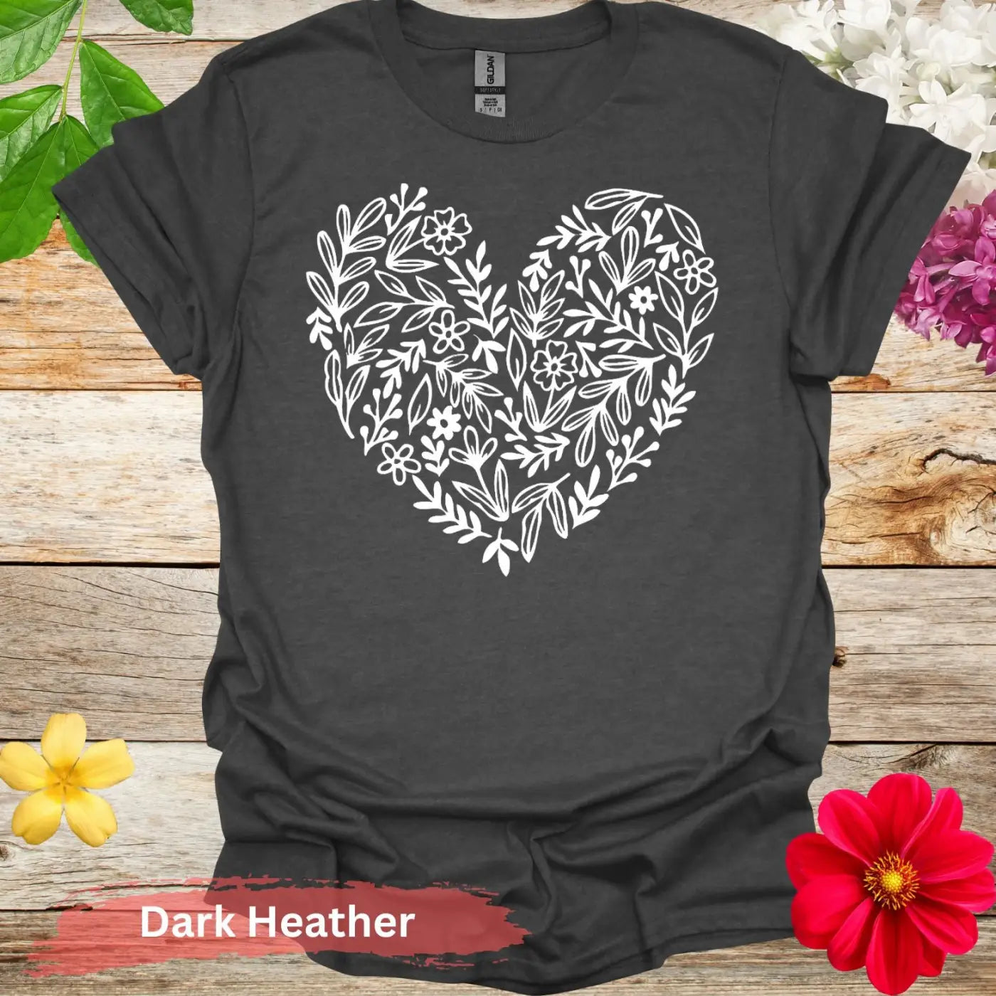 Floral Heart Blooming T-shirt - S / Dark Heather - Physical Item