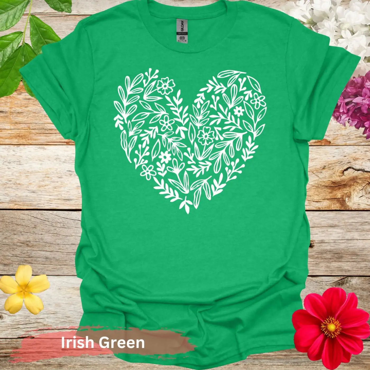 Floral Heart Blooming T-shirt - S / Irish Green - Physical Item