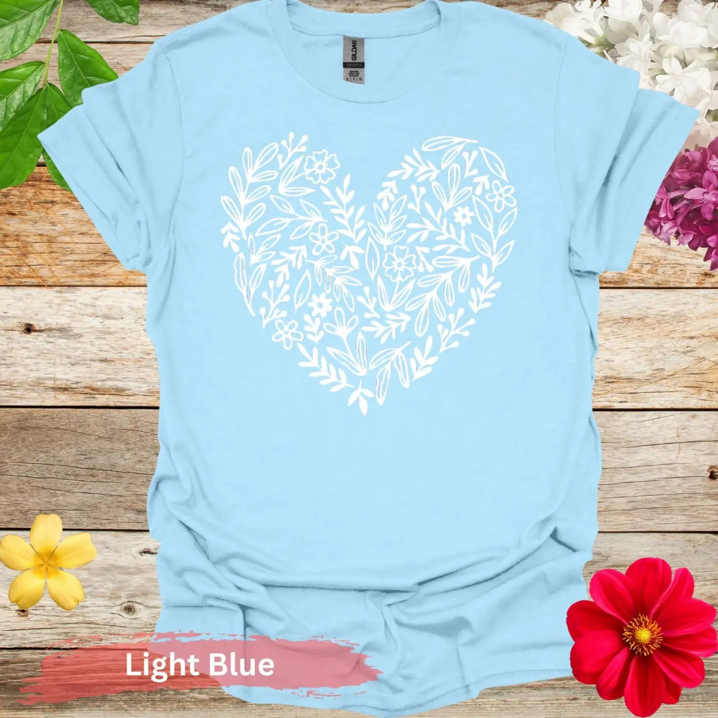 Floral Heart Blooming T-shirt - S / Light Blue - Physical Item