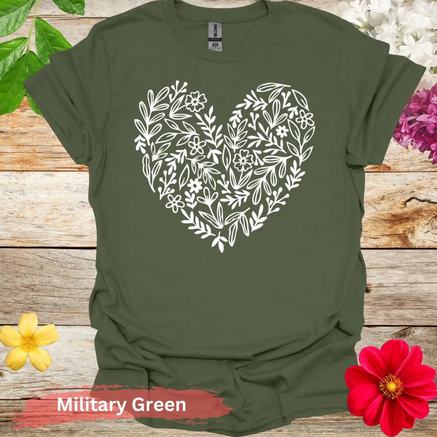 Floral Heart Blooming T-shirt - S / Military Green - Physical Item