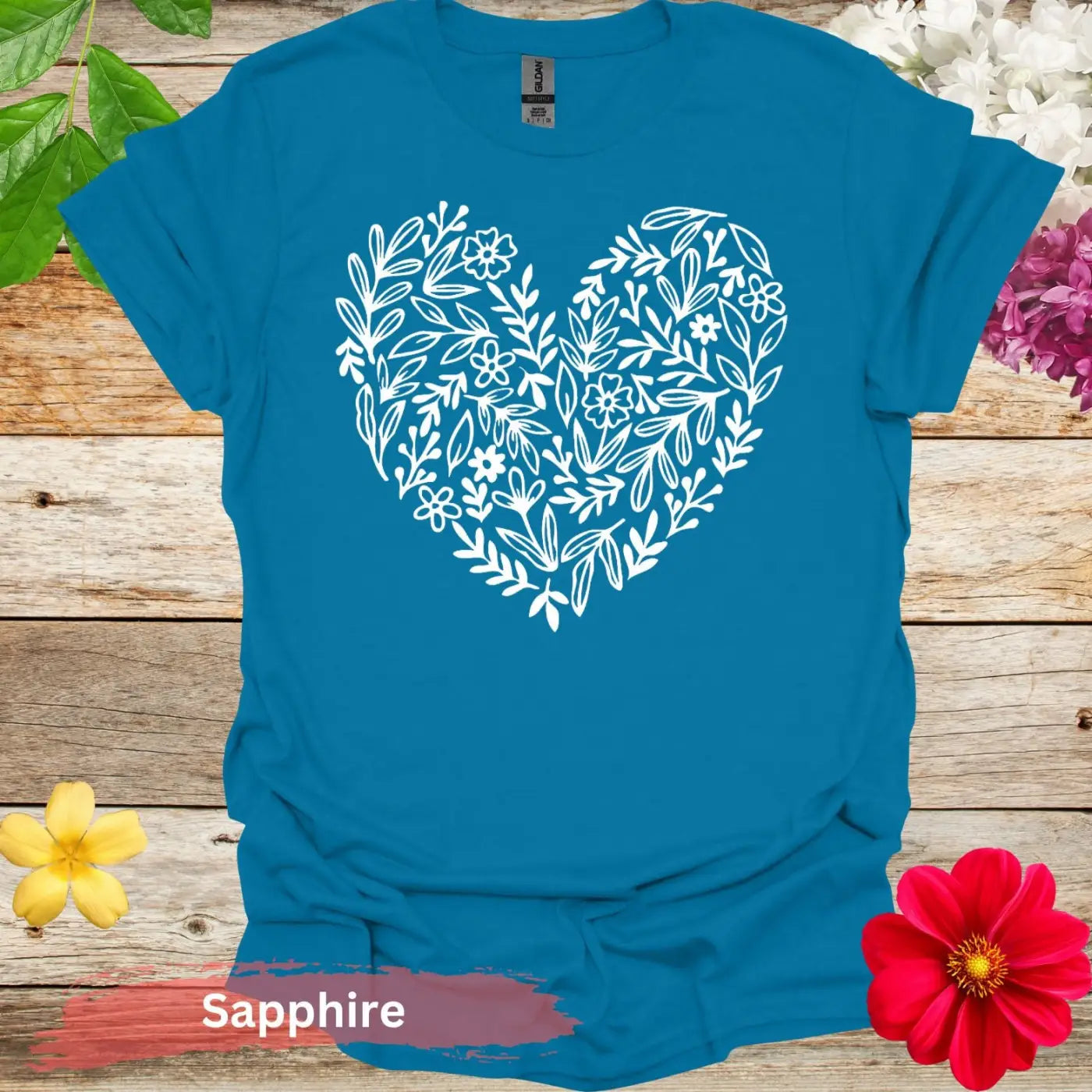 Floral Heart Blooming T-shirt - S / Sapphire - Physical Item