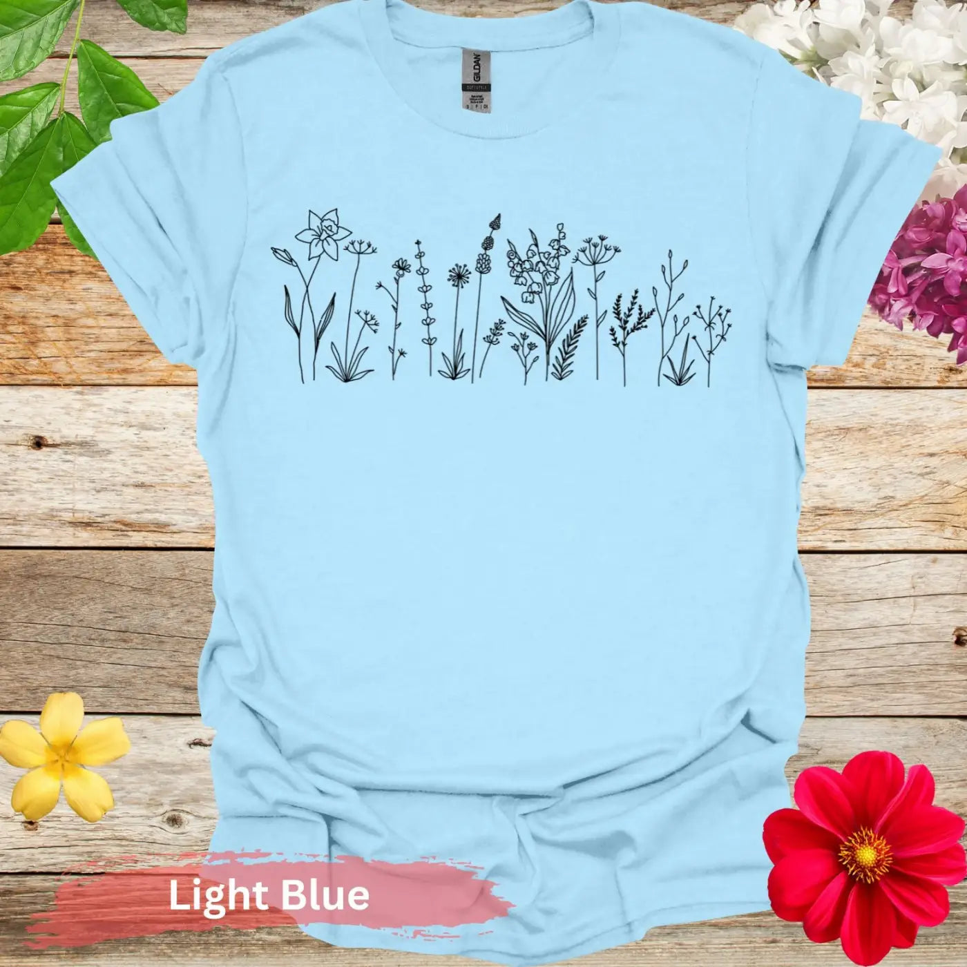 Floral Line Art Wildflowers Graphic T-Shirt - S / Light Blue - Physical Item