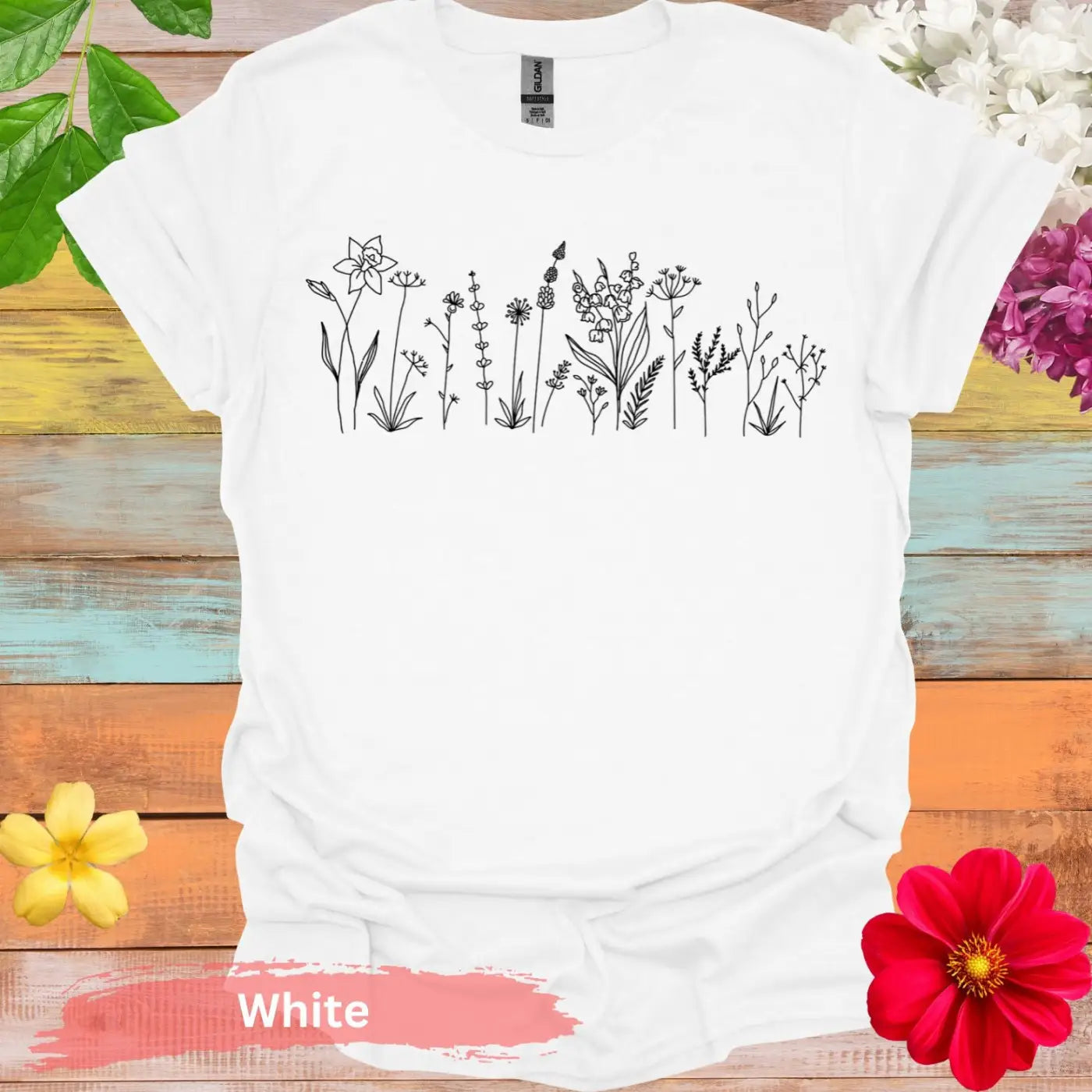 Floral Line Art Wildflowers Graphic T-Shirt - S / White - Physical Item