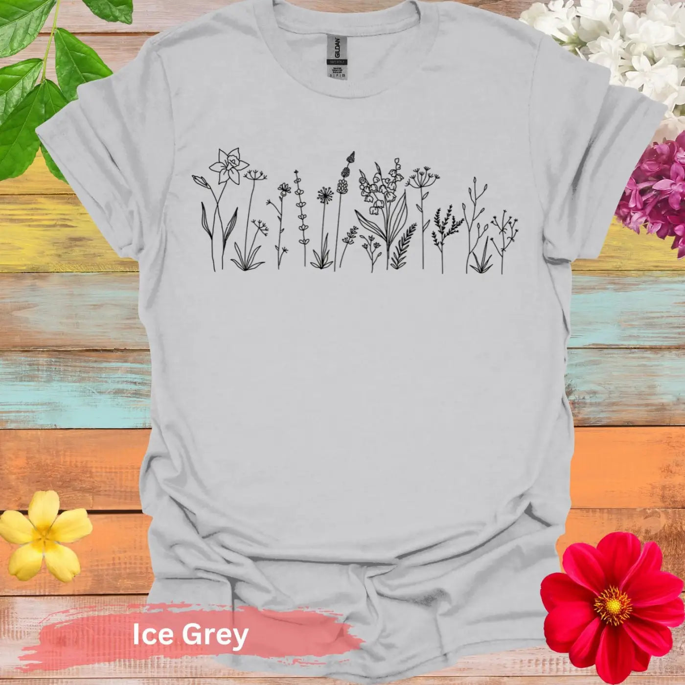 Floral Line Art Wildflowers Graphic T-Shirt - S / Ice Grey - Physical Item