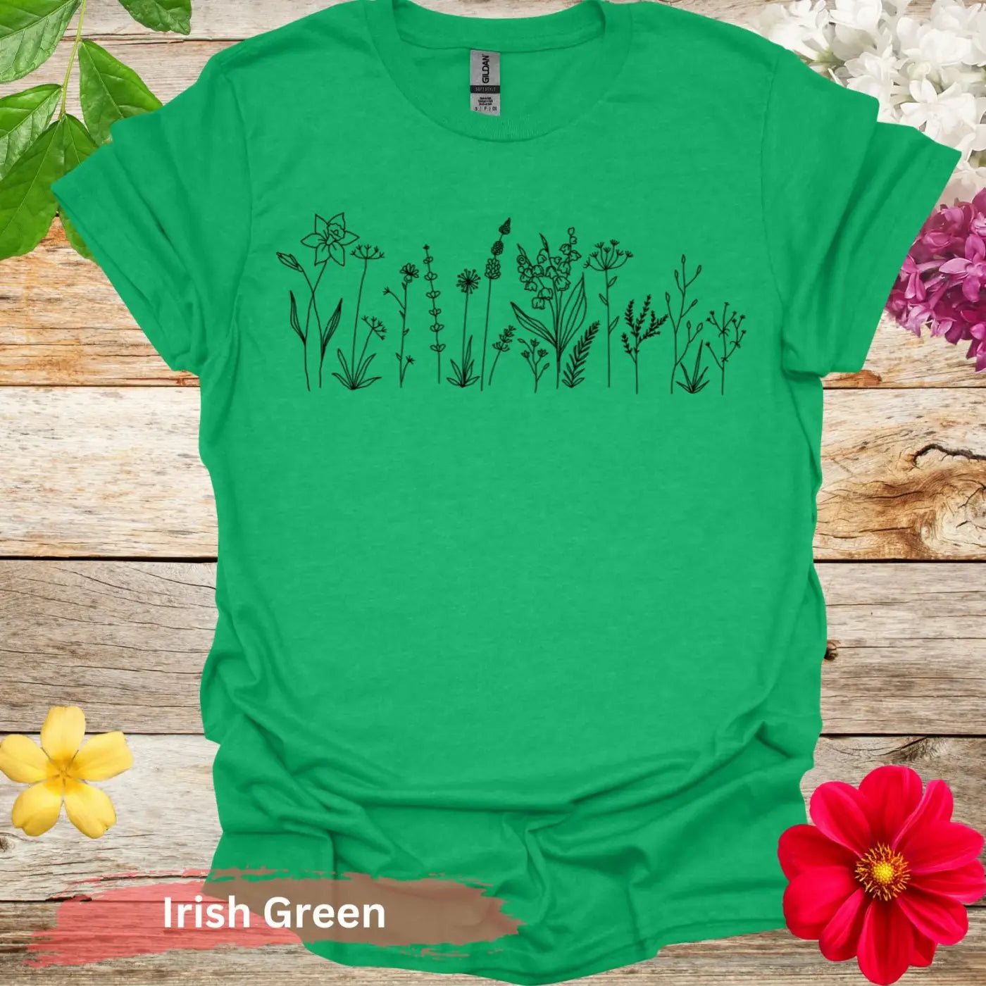 Floral Line Art Wildflowers Graphic T-Shirt - S / Irish Green - Physical Item