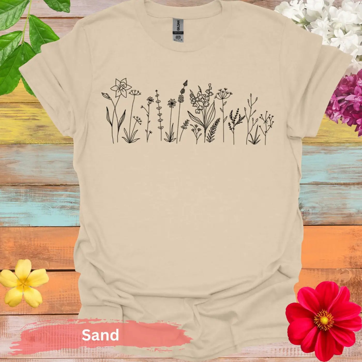 Floral Line Art Wildflowers Graphic T-Shirt - S / Sand - Physical Item