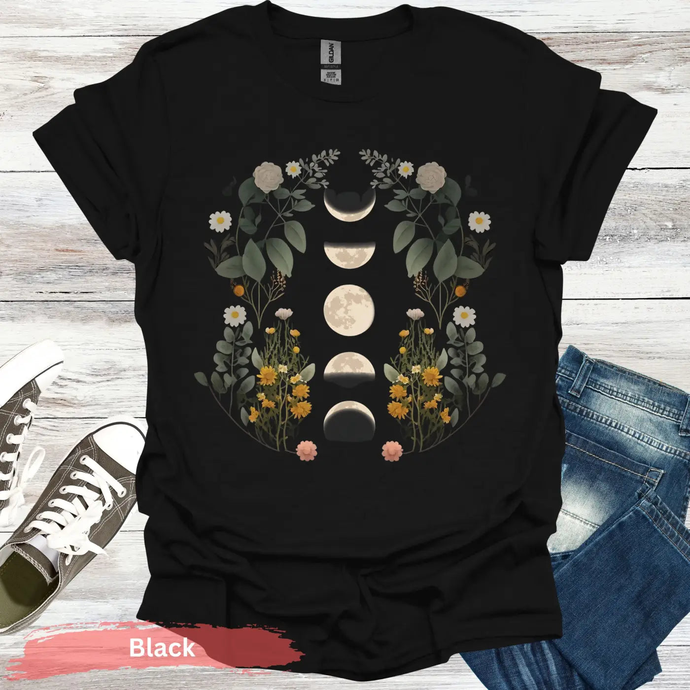 Floral Moon Phases T-Shirt - S / Black - Physical Item