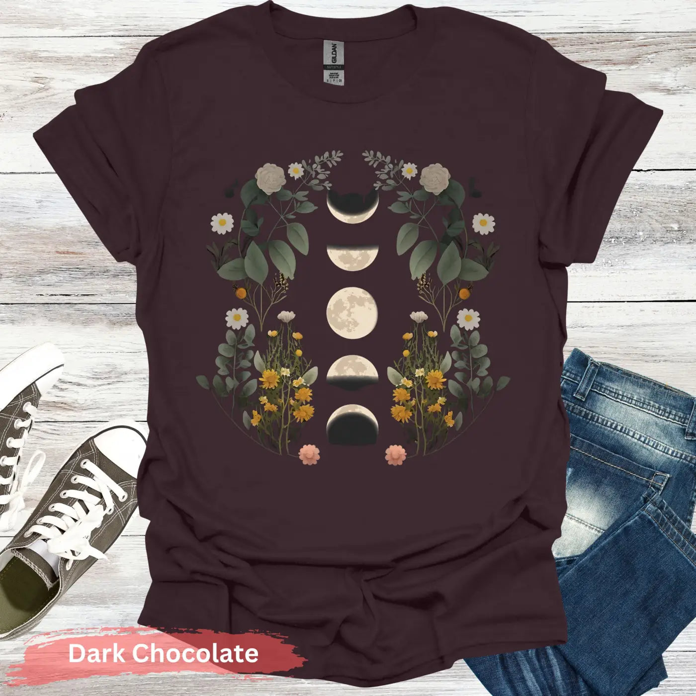 Floral Moon Phases T-Shirt - S / Dark Chocolate - Physical Item