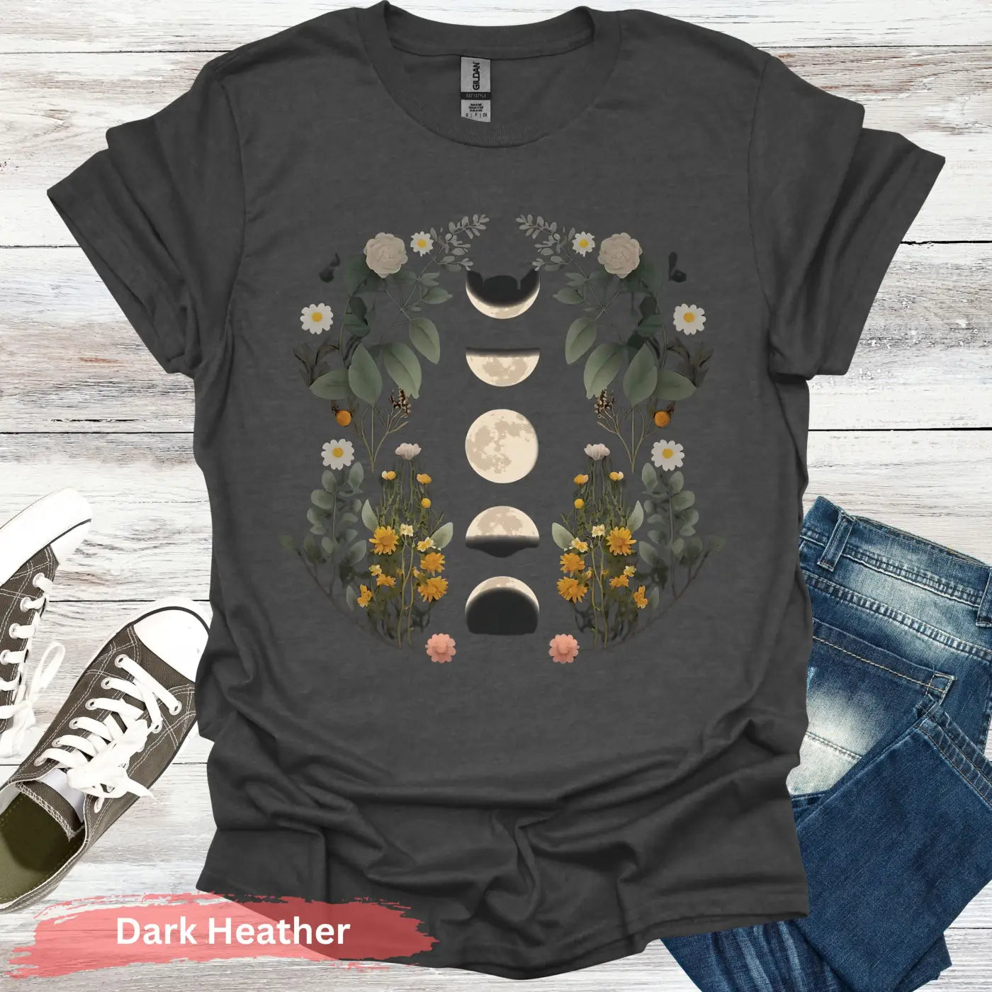 Floral Moon Phases T-Shirt - S / Dark Heather - Physical Item