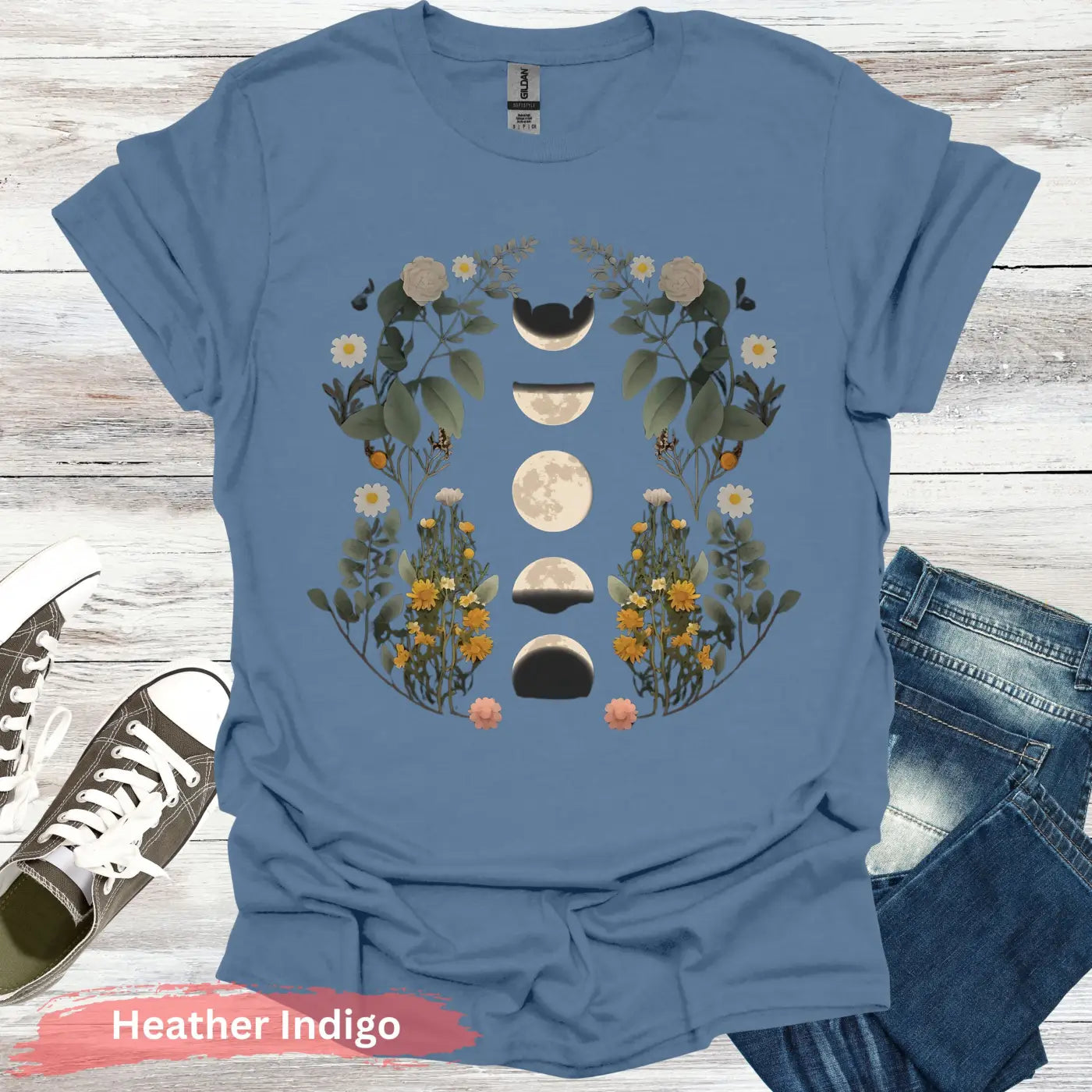 Floral Moon Phases T-Shirt - S / Heather Indigo - Physical Item