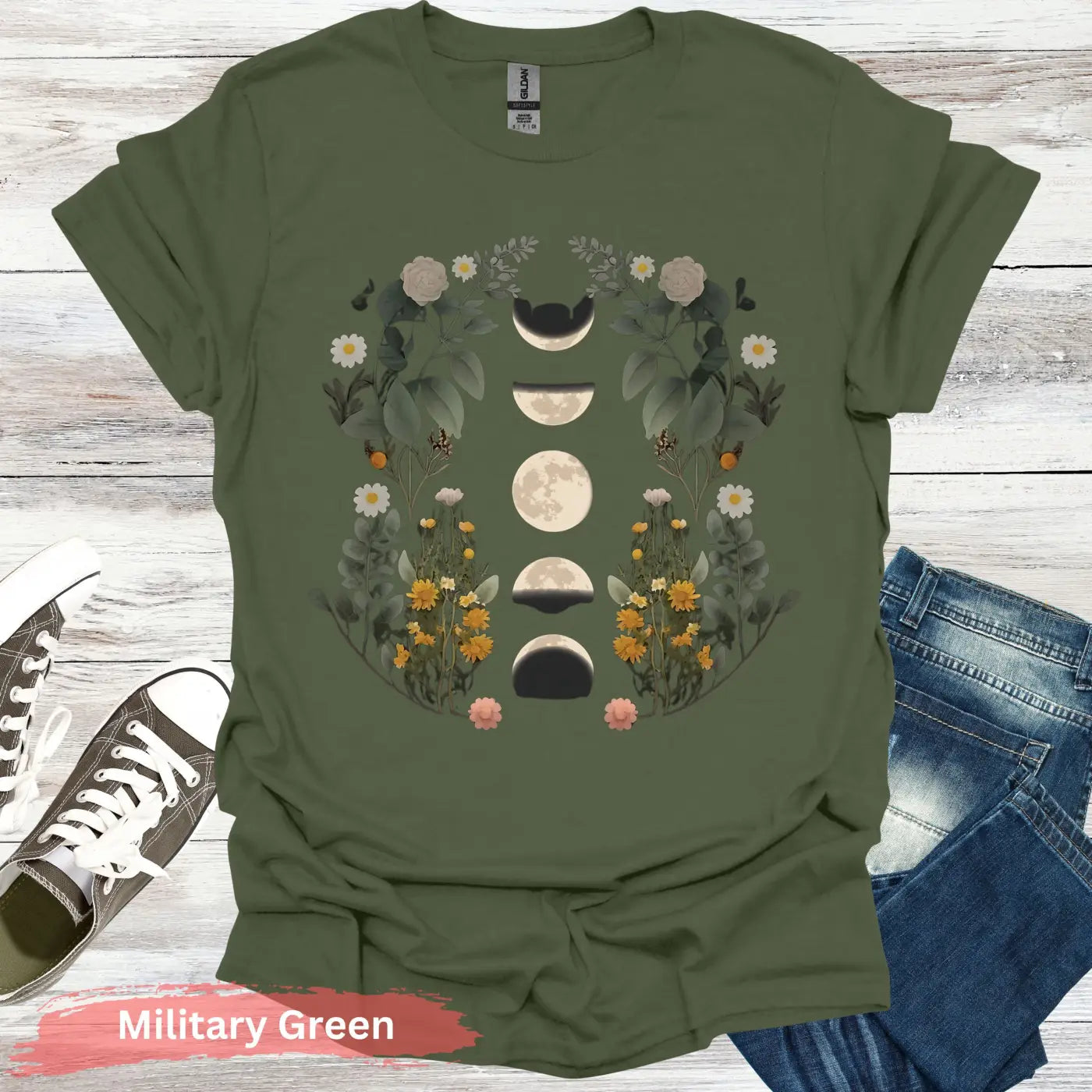 Floral Moon Phases T-Shirt - S / Military Green - Physical Item