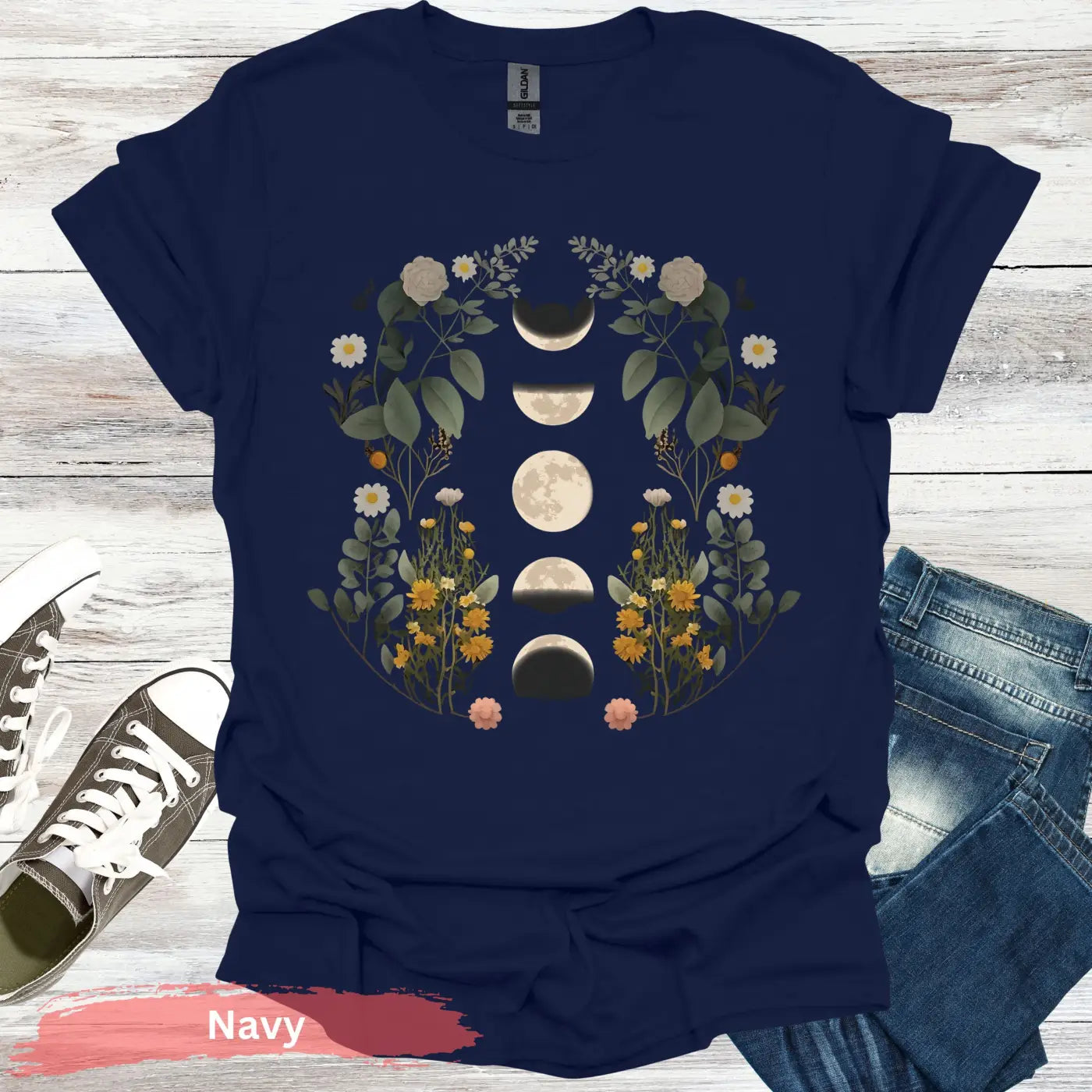 Floral Moon Phases T-Shirt - S / Navy - Physical Item
