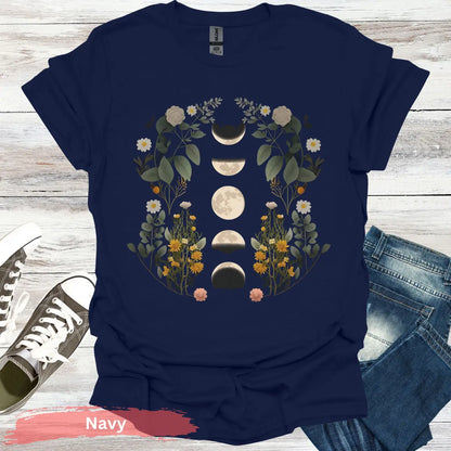 Floral Moon Phases T-Shirt - S / Navy - Physical Item