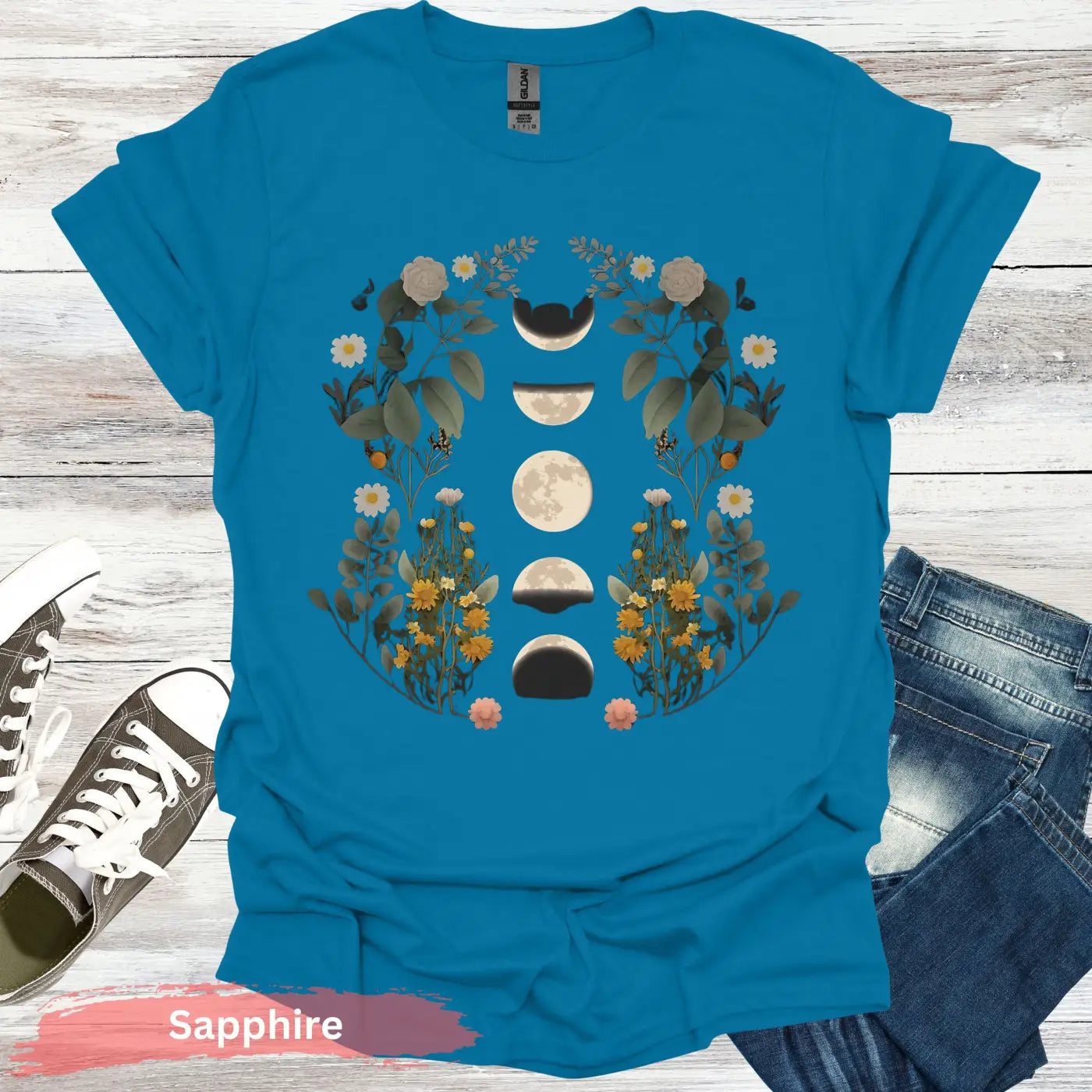 Floral Moon Phases T-Shirt - S / Sapphire - Physical Item