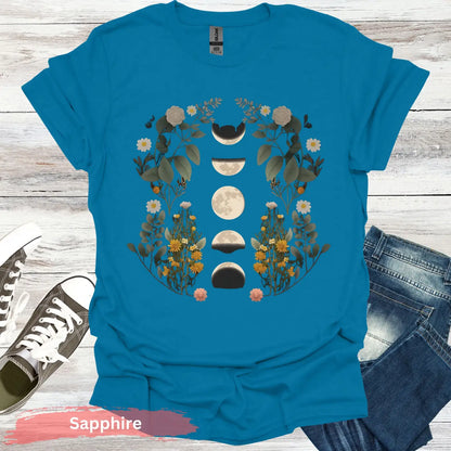 Floral Moon Phases T-Shirt - S / Sapphire - Physical Item