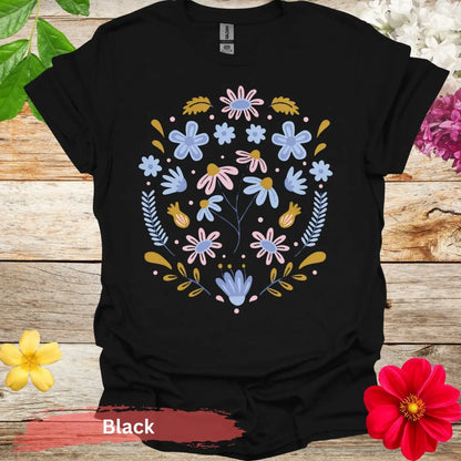 Floral Pattern Graphic T-shirt - S / Black - Physical Item