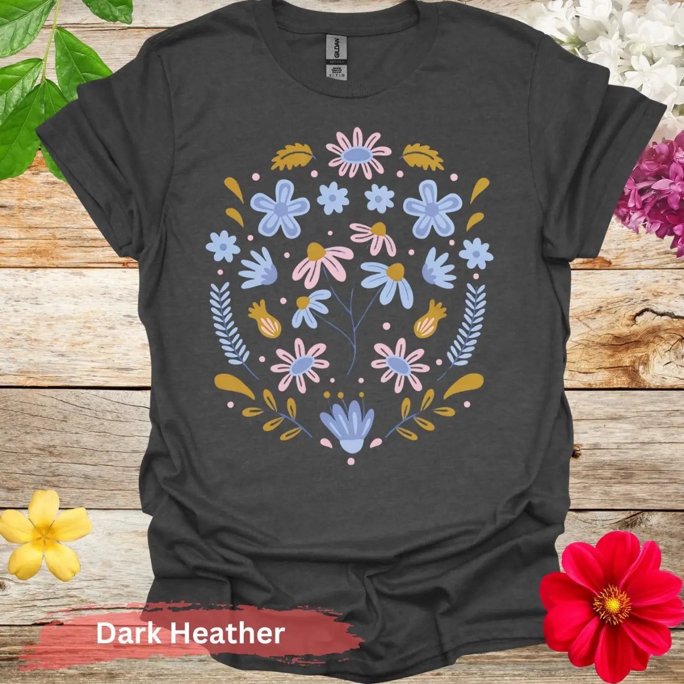 Floral Pattern Graphic T-shirt - S / Dark Heather - Physical Item