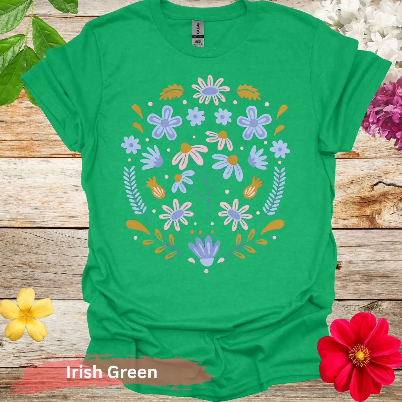 Floral Pattern Graphic T-shirt - S / Irish Green - Physical Item