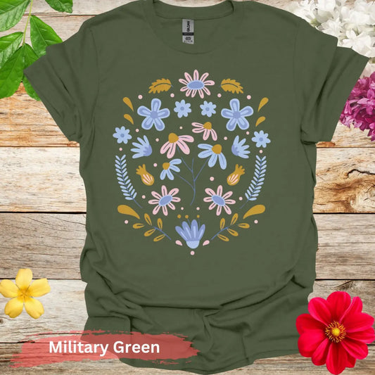 Floral Pattern Graphic T-shirt - S / Military Green - Physical Item