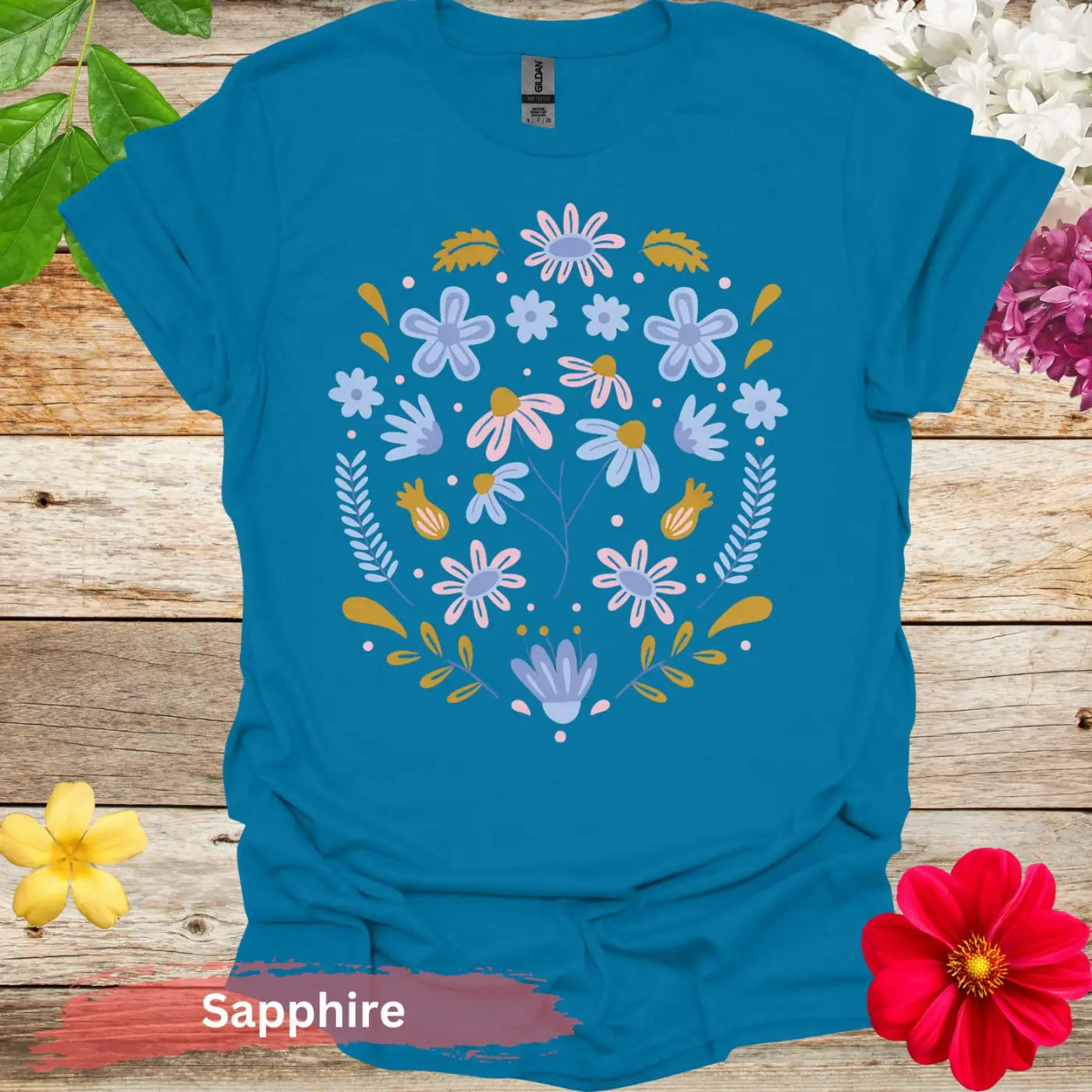 Floral Pattern Graphic T-shirt - S / Sapphire - Physical Item