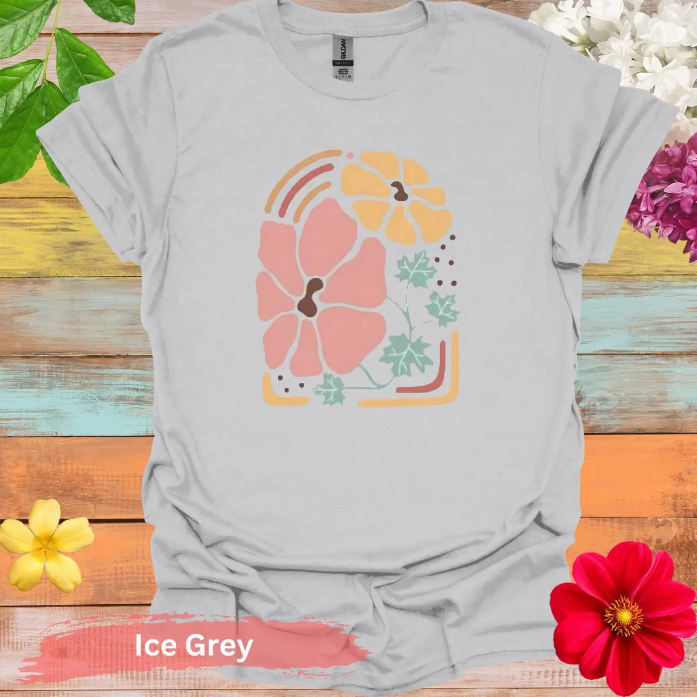 Floral Print Pastel Colors Graphic T-Shirt - S / Ice Grey - Physical Item