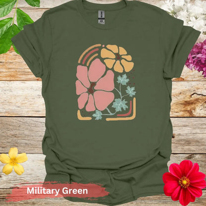 Floral Print Pastel Colors Graphic T-Shirt - S / Military Green - Physical Item