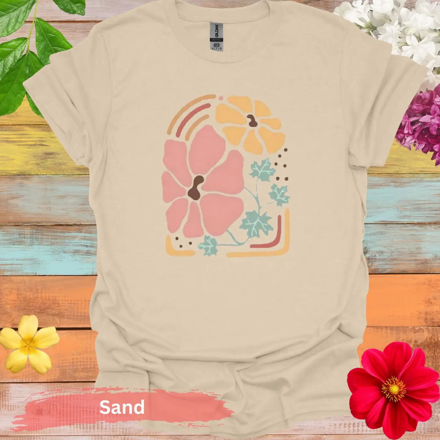 Floral Print Pastel Colors Graphic T-Shirt - S / Sand - Physical Item