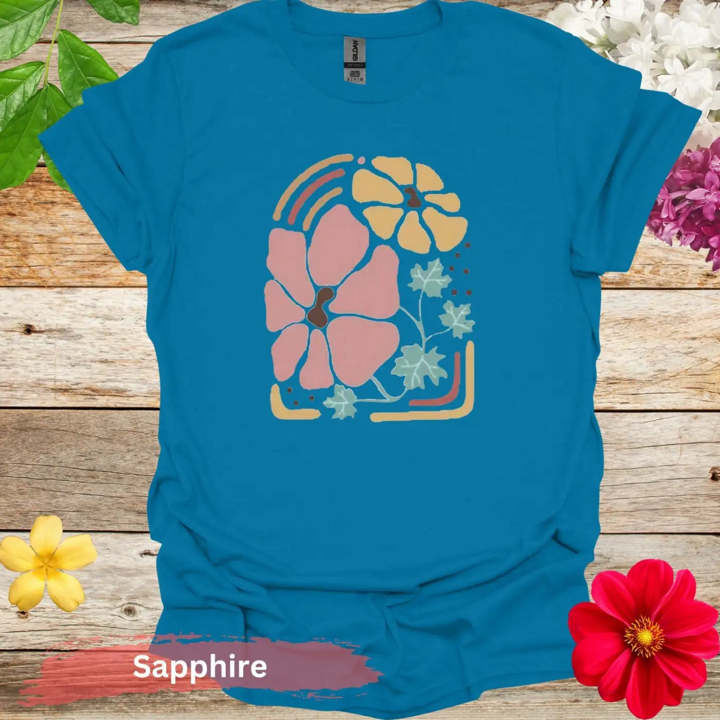 Floral Print Pastel Colors Graphic T-Shirt - S / Sapphire - Physical Item