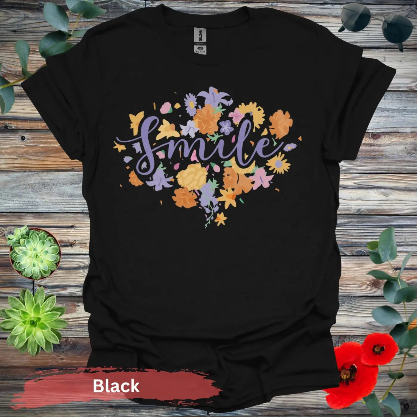 Floral Smile T-shirt - S / Black - Physical Item