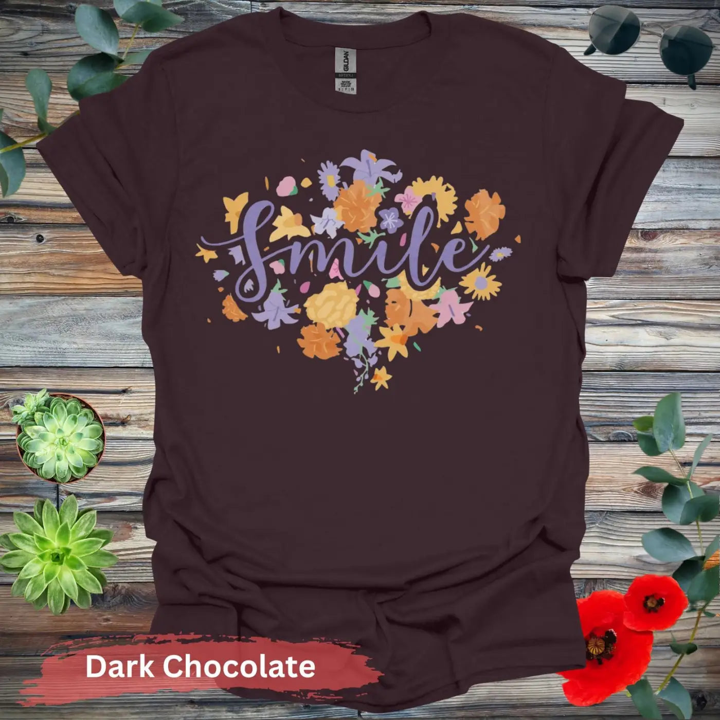 Floral Smile T-shirt - S / Dark Chocolate - Physical Item