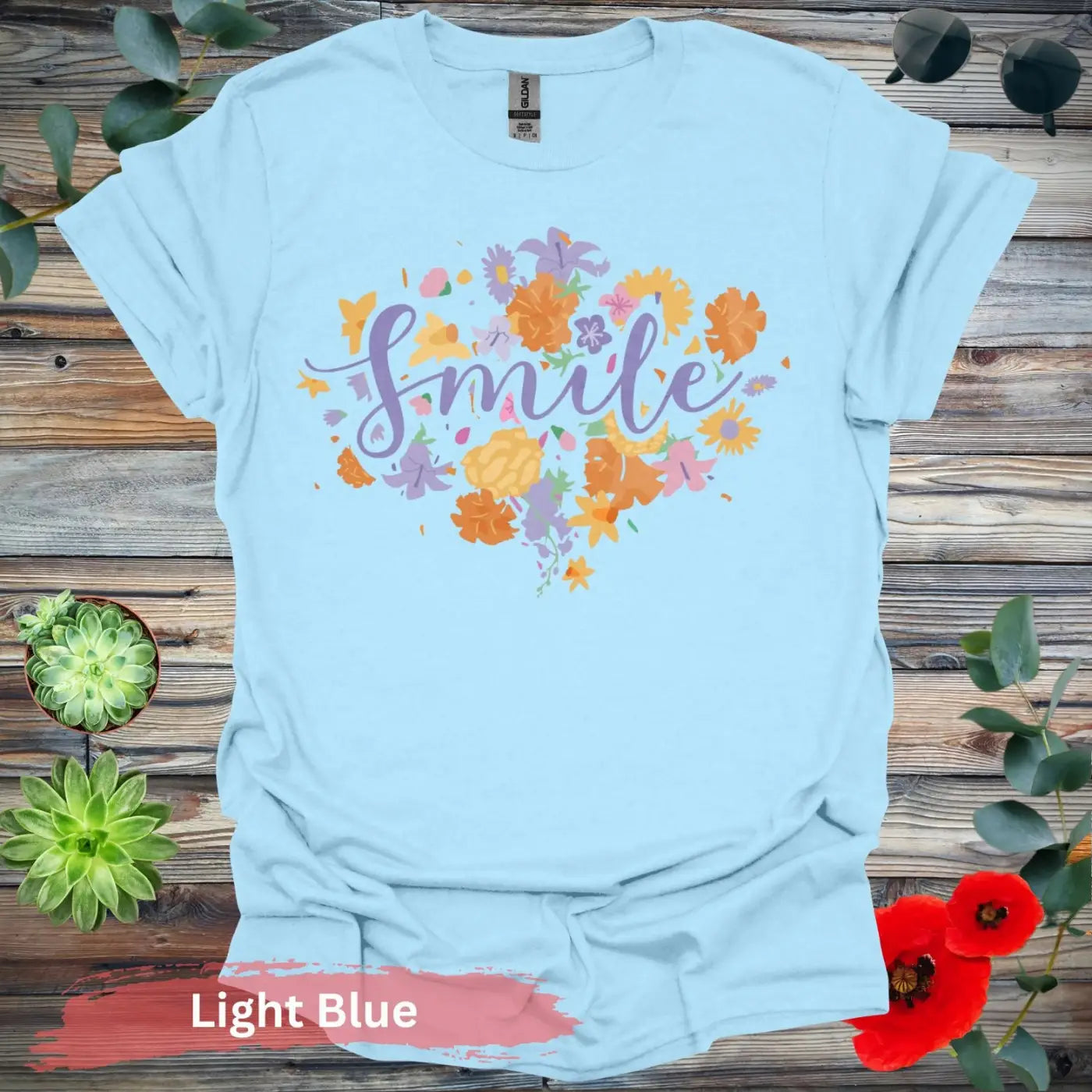 Floral Smile T-shirt - S / Light Blue - Physical Item