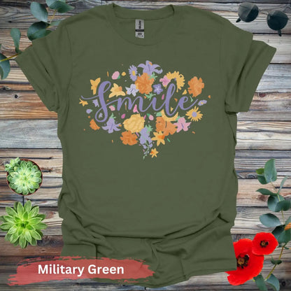 Floral Smile T-shirt - S / Military Green - Physical Item