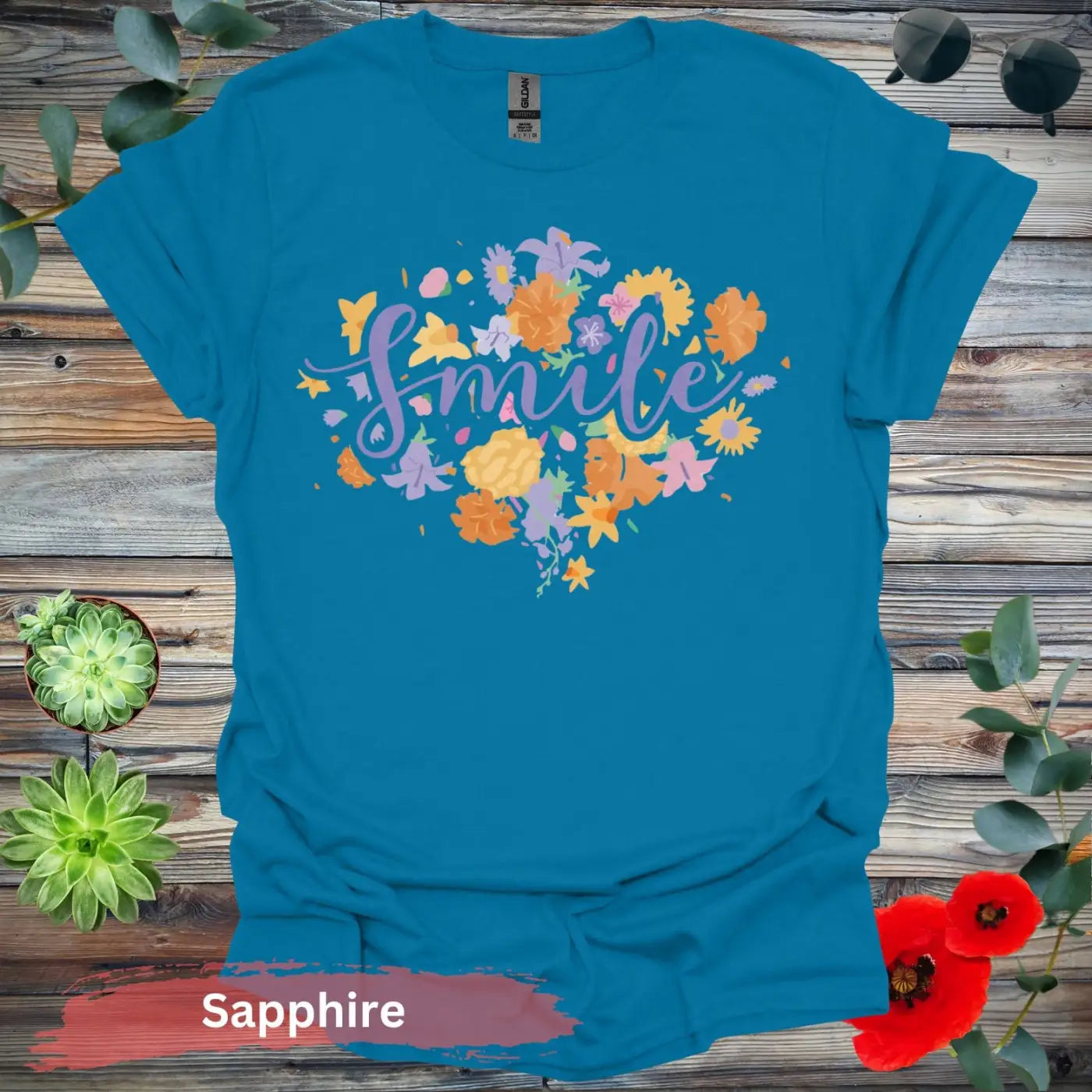 Floral Smile T-shirt - S / Sapphire - Physical Item