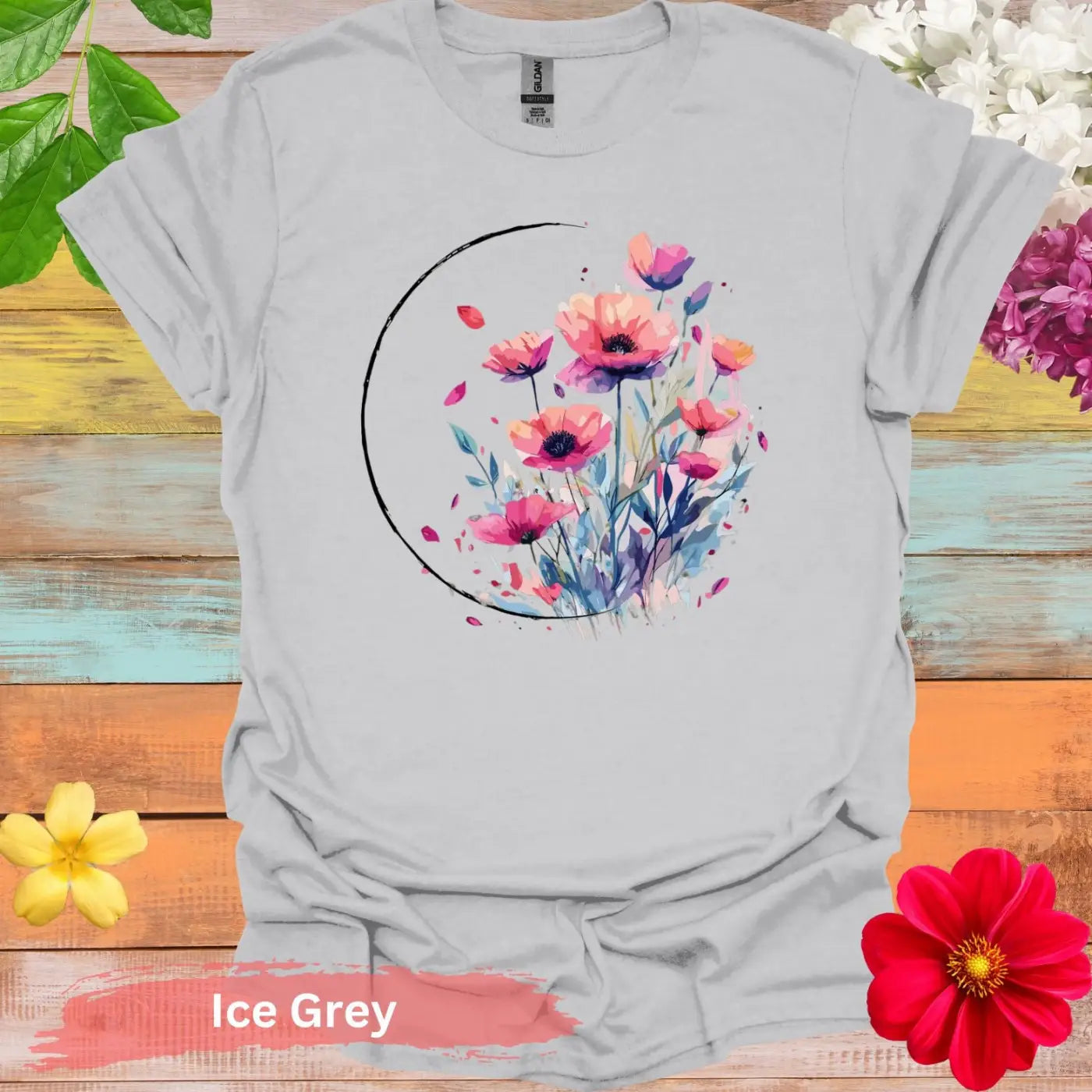 Floral Watercolor Art T-shirt - S / Ice Grey - Physical Item